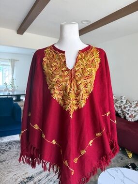 Embroidered Red Poncho Top with Gold Accent